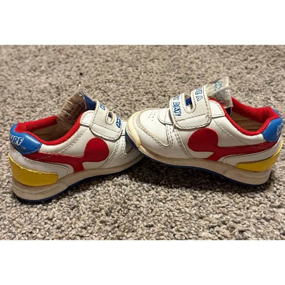 Vintage Smurfs Baby Shoes Hook Loop Sneakers Kids White Red Blue‎ Size 2